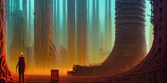 Prompt: painting of redwood forest labyrinth consuming cyberpunk metropolis in the style of nebulapunk by dan seagrave and tomasz alen kopera with futuristic castle by simon stahlenhag