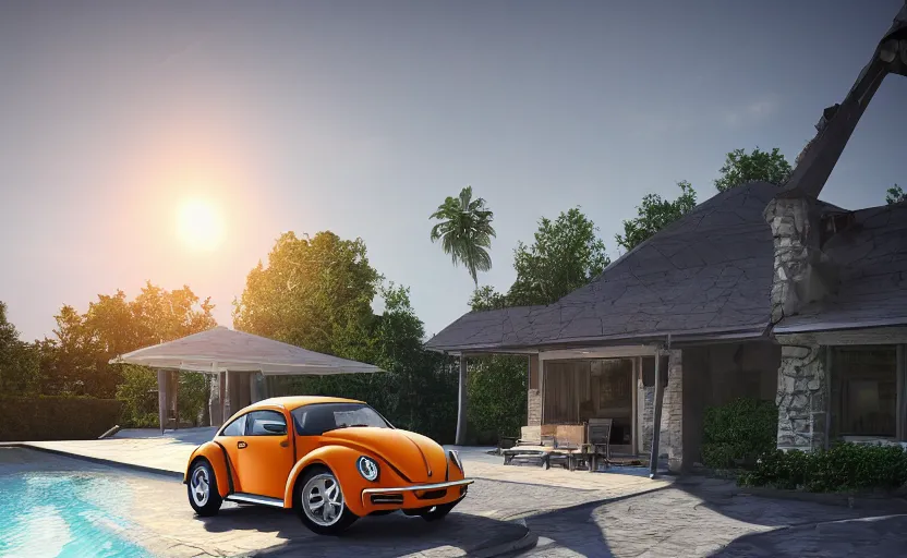 Image similar to a vw beetle parked near a modern small house with a pool at sunrise, concept art, octane render, unreal engine 5, trending on artstation, high quality, highly detailed, 8 k, soft lighting, path traced, godrays, lens flare, hyperrealistic, symmetrical, low contrast, digital art, beautiful, elegant