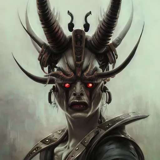 Image similar to portrait, cyberpunk japanese oni demon with horns, stern expression, long hair, highly detailed, digital painting, artstation, concept art, smooth, sharp focus, illustration, artgerm, tomasz alen kopera, peter mohrbacher, donato giancola, joseph christian leyendecker, wlop, frank frazetta