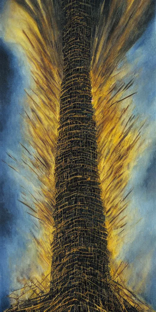 Image similar to a painting of a tower being struck by lightning in the style of remedios varo