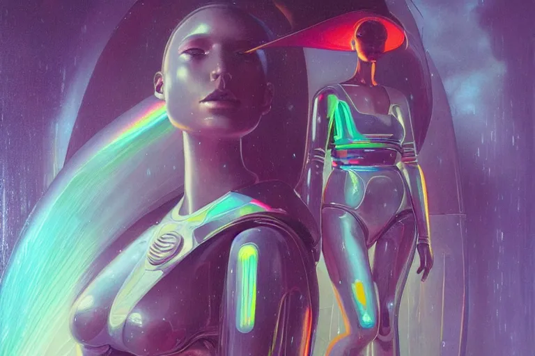 Image similar to patron saint of 👽 🌈👩🏾, futuristic clothing, woman and robot, rain, neon god of city character portrait, in the style of moebius, tom bagshaw, and waterhouse, cinematic lighting, beautiful, elegant, oil painting,