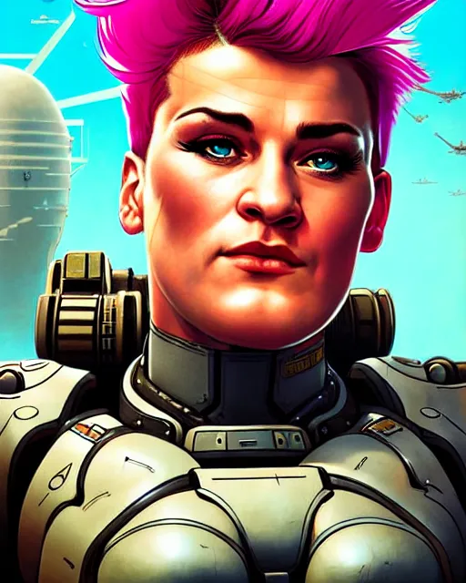 Image similar to zarya from overwatch, character portrait, portrait, close up, concept art, intricate details, highly detailed, vintage sci - fi poster, retro future, in the style of chris foss, rodger dean, moebius, michael whelan, and gustave dore