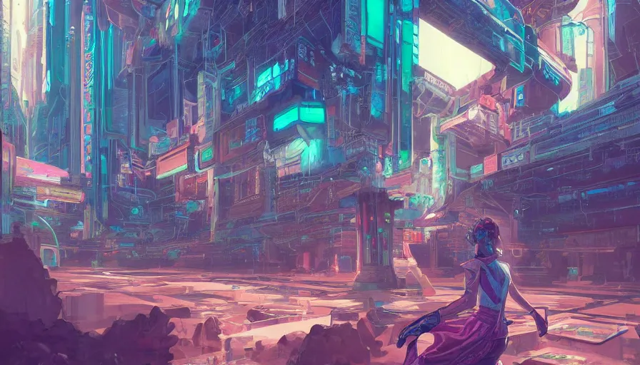 Image similar to a digital painting of a woman exploring a temple, cyberpunk art by james jean, cgsociety, retrofuturism, anime aesthetic, chromatic, iridescent