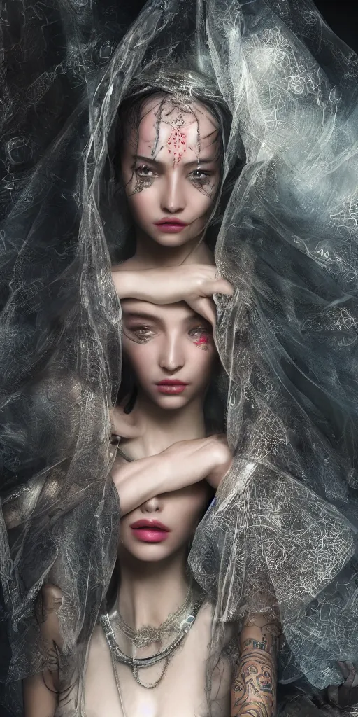 Image similar to hyperrealistic futuristic high fashion photography, girl in studio, by luis royo, asian, vogue magazine, nomad masterpiece, neon lights, smoke, covered in veils, beautiful intricate face and flawless skin, tribal jewelry, tattoos, by Edgar Maxence and Ross Tran and Michael Whelan, 8k, octane render