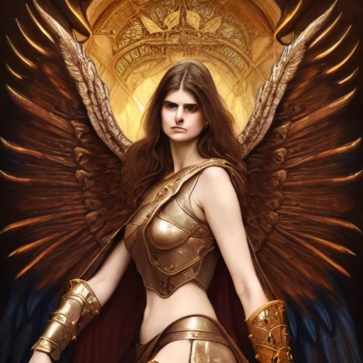 Image similar to portrait of young aasimar angel girl maiden wearing comfy leather armor with beautiful feathered angel wings, brown eyes, Alexandra Daddario, Blizzard, Diablo, by artgerm and greg rutkowski and alphonse mucha and andrei riabovitchev, 4k oil on linen, vivid colors, colorful, high dynamic range, HDR, intricate, elegant, highly detailed, digital painting, artstation, concept art, smooth, sharp focus, illustration