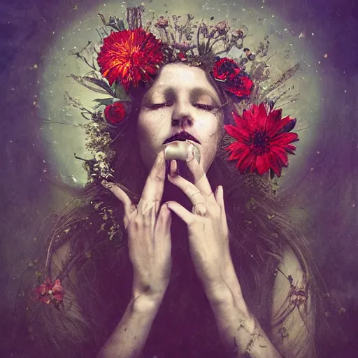 Prompt: a beautiful artwork portrait of a flower druid performing magic, by Brooke Shaden, featured on artstation