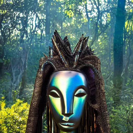 Image similar to wraith pagan wearing iridescent metallic dogon tribal mask standing in a clearing in the deep forest, rays of the sun, caustics, realistic, photography, photojournalism, national geographic photoshoot, inner glow, shimmer, sparkle, smoke, dust