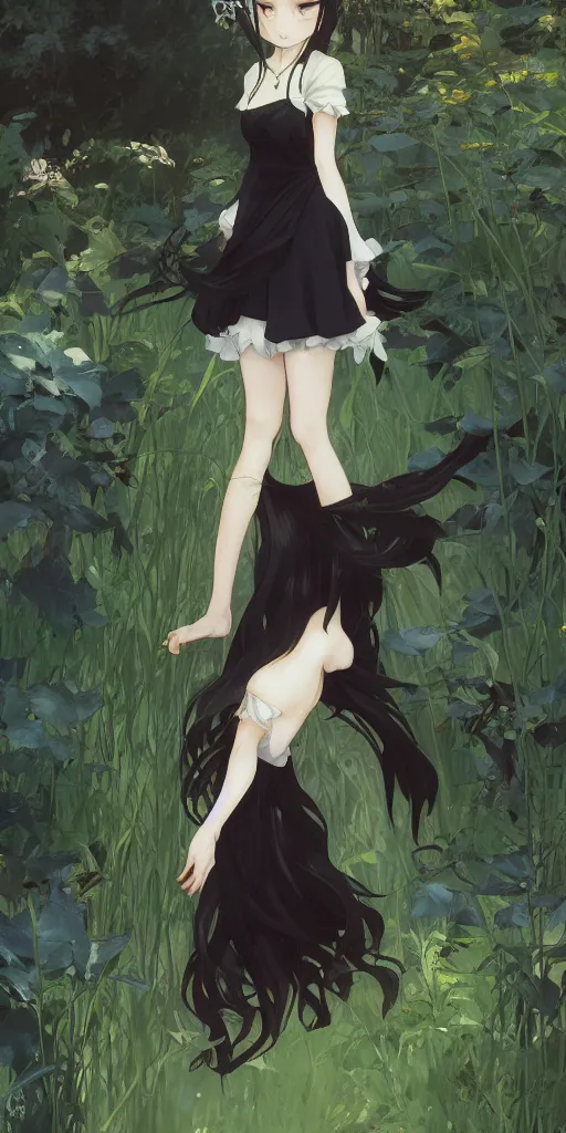 Image similar to a loli with long hair in a black dress in the privet garden at after noon, green and warm theme, back lighting, by krenz cushart and mucha and akihito yoshida and greg rutkowski and makoto shinkai, extremely long shot, detailed eyes, 4 k resolution, highly detailed, trending on art station