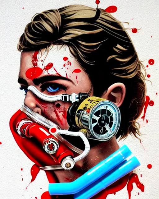 Image similar to diver man wearing oxygen mask, has blood, rose, a pistol and a syringe needle with sea background intricate details with horror side profile by Sandra Chevrier