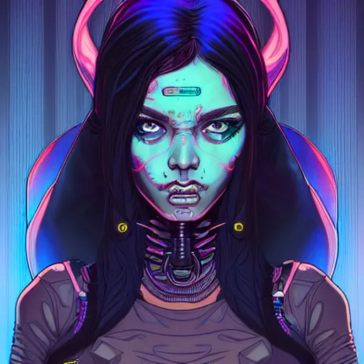 Image similar to portrait painting of a cyberpunk trans elf girl with beautiful flowing black hair and eyes, sharp focus, award - winning, trending on artstation, masterpiece, highly detailed, intricate. art by josan gonzales and moebius and deathburger