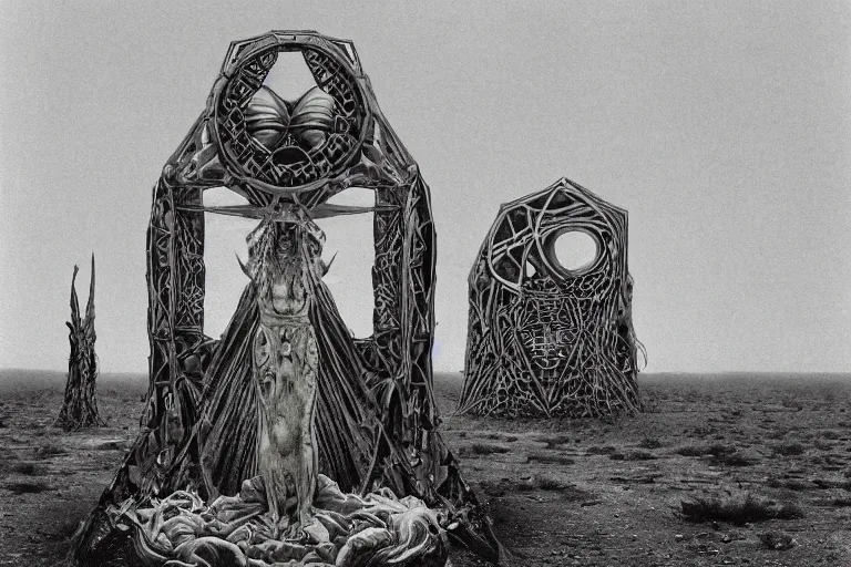 Image similar to pagan cyberpunk occult scifi weird strange convoluted sacred geometry altar monument statue in the middle of the desert, abandoned, mysterious, paranoid atmosphere, minimalistic, painting by beksinski, dali, bosch, escher, carrington, barlowe, moebius, frazetta, a lot of subdued colors, dark rainbow, pastel colors, wide color palette