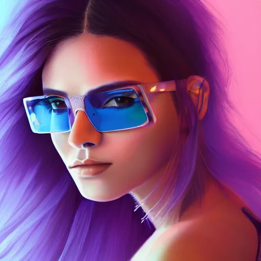 Prompt: closeup painting of a very beautiful young mexican cyberpunk woman with a smirk, wearing light blue louvered shades, one side haircut, long brown hair with light blue ends, purple leather jacket, portrait, hyperdetailed, artstation, cgsociety, 8 k, synthwave image
