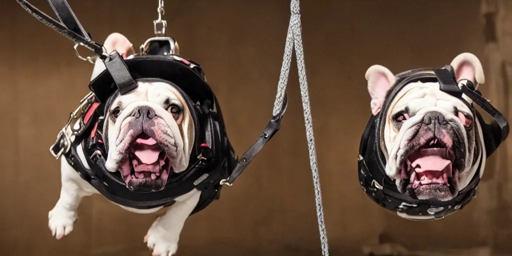 Prompt: an english bulldog in a harness suspended from the ceiling in a fancy museum, night scene, heist movie