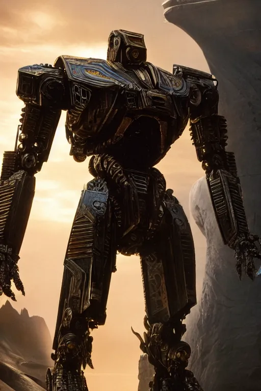 Image similar to cinematic still in dune movie and pacific rim movie and ps 5 game machine warrior 5, intricate ornate humanoid mecha warrior,