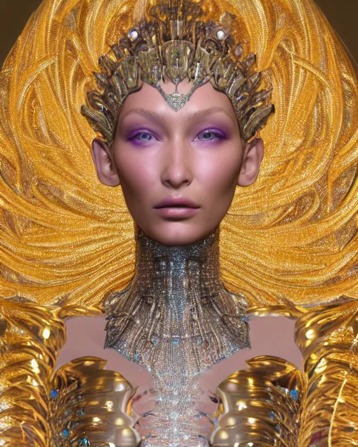 Image similar to a highly detailed metahuman 4 k close up render of an alien goddess bella hadid as alien in iris van herpen dress schiaparelli in diamonds crystals swarovski and jewelry iridescent in style of alphonse mucha gustav klimt trending on artstation made in unreal engine 4