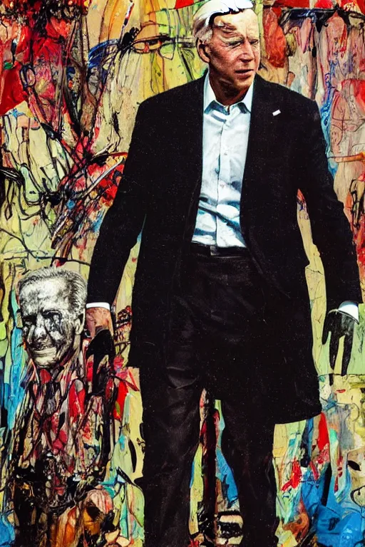 Image similar to Joe Biden full body shot, hyper-realistic painting, Body horror, biopunk, creative design, by Ralph Steadman, Francis Bacon, Hunter S Thompson