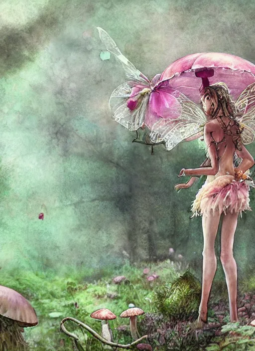 Image similar to A wingless fairy princess with a tattered pink tutu, mushroom umbrella, moss, dewdrops, watercolor, dramatic lighting, cinematic, establishing shot, extremely high detail, foto realistic, cinematic lighting, pen and ink, intricate line drawings, by Yoshitaka Amano, Ruan Jia, Kentaro Miura, Artgerm, post processed, concept art, artstation, matte painting, style by eddie mendoza, raphael lacoste, alex ross,