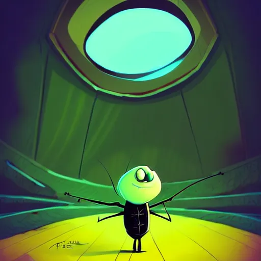 Prompt: curved perspective, extreme narrow, extreme fisheye, digital art of a cockroach cartoon character wearing a black suit by anton fadeev from nightmare before christmas