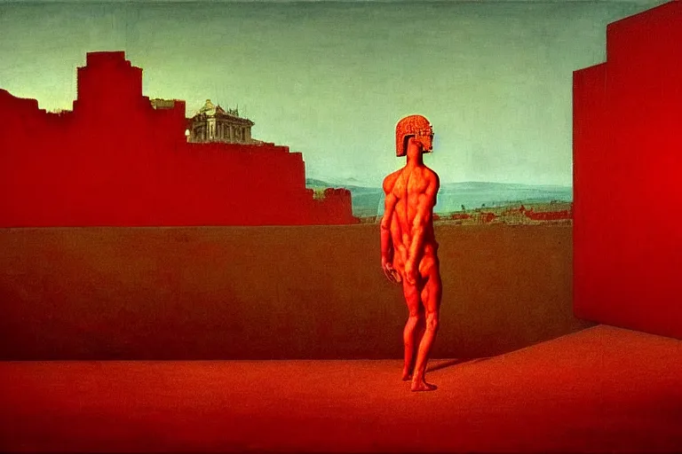 Image similar to only with red, caesar after win war, the deal, a red tiger, in hoc signo vinces, rome in background, an ancient path, in the style of beksinski, part by hopper, part by rodcenko, part by hofbauer, intricate composition, red by caravaggio, insanely quality, highly detailed, masterpiece, red light, artstation