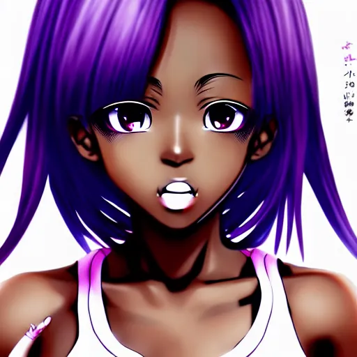 Image similar to black anime manga girl, throwing punch to camera pose, french bob hair, white hair, wearing camo, purple eyes, realistic, 4 k!!!, art station