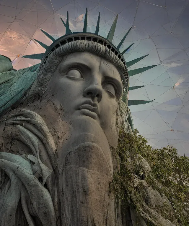 Prompt: highly detailed digital matte painting of an overgrown, abandoned, damaged close up of Lady of Liberty, taken back by nature Lady Liberty is the focus. Full shot. By Raphael Lacoste and Ruan Jia and Robert McCall, postcyberpunk, geodesic dome, hyperdetailed, sunrise, wide shot, autochrome, octane render