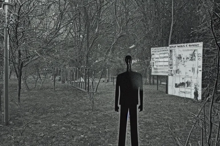 Image similar to night vision cctv photo of the skinny very tall slenderman shadow person standing in an overgrown playground