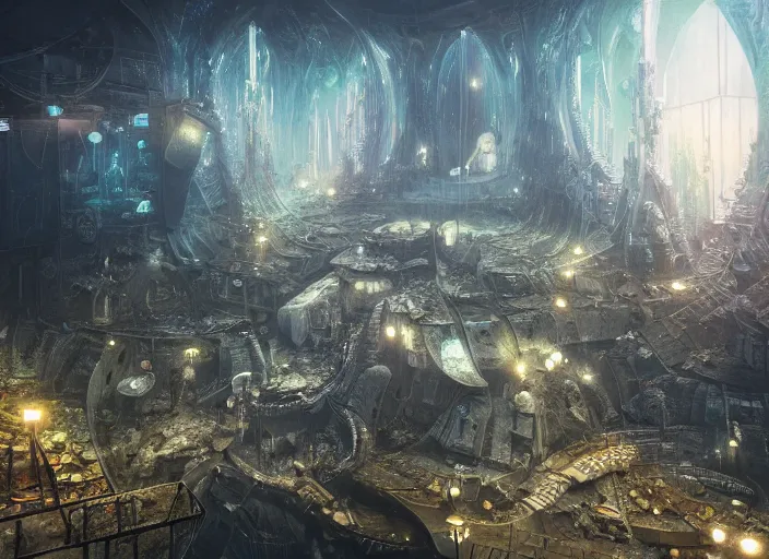 Prompt: favela spaceship cathedral, underwater environment, sorcery, scenery, professional, award - winning, trending on artstation, hyper detailed, realistic, beautiful, emotional, shiny, somber, picture