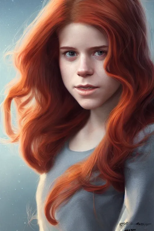 Image similar to ultra realistic style illustration of a beautiful cute red haired joyful teen girl, long hair, face of teen kate mara, sci - fi, fantasy, intricate, elegant, digital painting, artstation, concept art, smooth, sharp focus, illustration, 8 k frostbite 3 engine, ultra detailed, art by artgerm and greg rutkowski and magali villeneuve