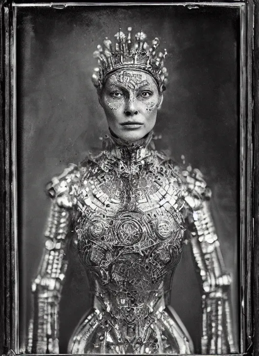 Image similar to old wetplate daguerreotype frame portrait of a futuristic silver armored pretty queen elisabeth emperor district 9 cyborg, fractal, intricate, elegant, highly detailed, subsurface scattering, by jheronimus bosch and greg rutkowski and louis jacques mande daguerre