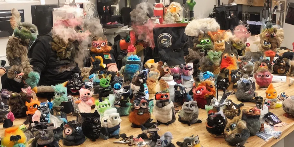 Image similar to an entire cadre of stoner furbies smoking from a variety of pipes, bongs, and implements.