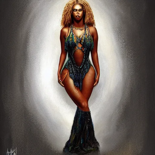 Image similar to intense Beyonce full body, painted by michael karcz