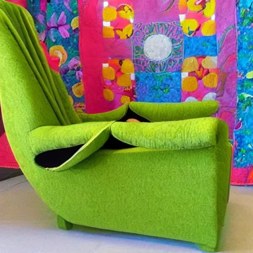 Image similar to “ kermit the frog, reclining on a chaise lounge, with the sun shining in the background, fabric, quilt ”