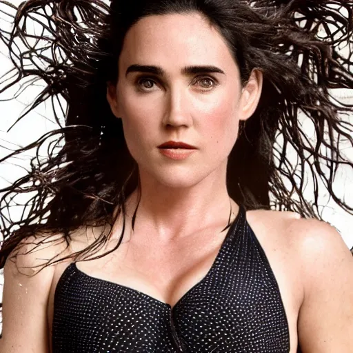 Image similar to Portrait Photography, medium closeup of young jennifer connelly poses in 2 Piece Mini Micro Push Up Swimsuits at summer beach, confident pose, fierce expression, intricate details, detailed face, detailed illustration, impressive lighting, symmetrical features, ultra detailed, 12 megapixels