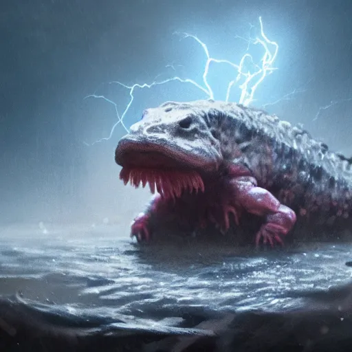 Image similar to highly detailed monster Axolotl hit by lightning from the sky in a small puddle, thunder, dramatic, dark, fantasy, digital art, hyperrealistic, cinematic lighting, Greg Rutkowski, Trending on Artstation, highly detailed