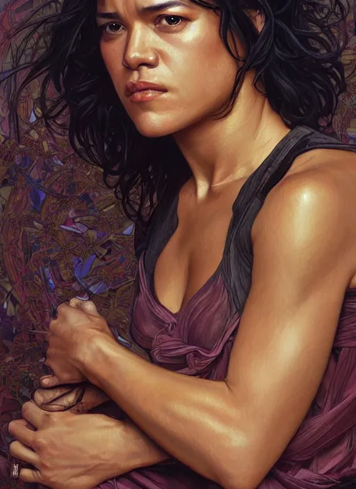 Prompt: Michelle Rodriguez as feisty latino woman, head and shoulders portrait, intricate, elegant, highly detailed, centered, digital painting, artstation, concept art, smooth, sharp focus, illustration, art by artgerm and donato giancola and alphonse mucha