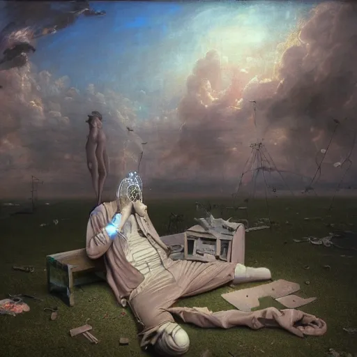 Prompt: dj rave party, hyperrealistic surrealism, dreamscape, david friedrich, award winning masterpiece with incredible details, zhang kechun, a surreal vaporwave vaporwave vaporwave vaporwave vaporwave painting by thomas cole of a gigantic broken mannequin head sculpture in ruins, astronaut lost in liminal space, highly detailed, trending on artstation