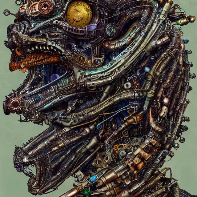 Image similar to profile portrait of a dragon, computer parts, mechanical parts, by giuseppe arcimboldo, steampunk, cyberpunk, futuristic, psychedelic, surreal, sci - fi, vaporwave, alien, dreamlike.