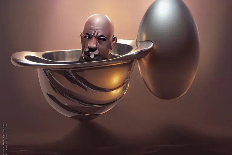 Image similar to silver egg cup, vin diesel head in egg cup, hyper detailed, digital art, artstation, cinematic lighting, studio quality, smooth render, by peter mohrbacher, hajime sorayama, boris vallejo, craig mullins, artgerm