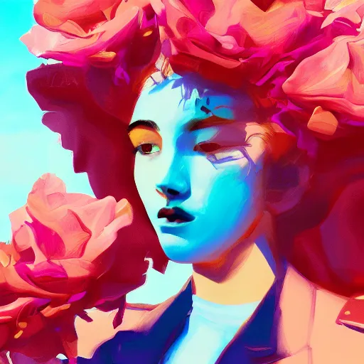 Image similar to closeup, large rose flower head, portrait, girl in a suit, surreal photography, sunrise, blue sky, dramatic light, impressionist painting, digital painting, artstation, simon stalenhag