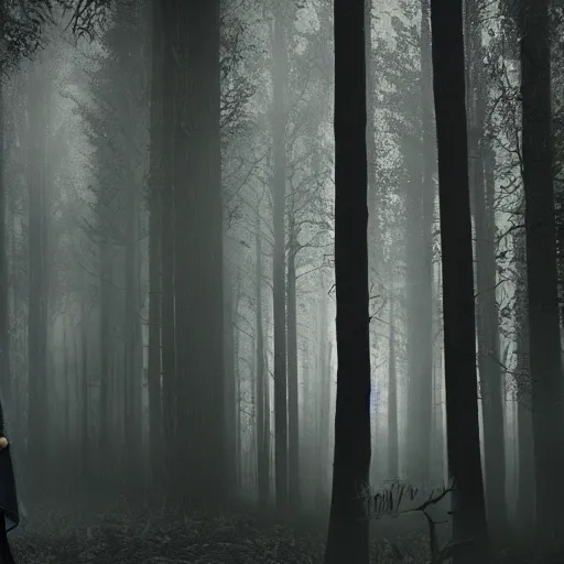 Image similar to long shot of a scary woman wearing all black, standing in the forest, melancholic, dreary, horror, creepy, glows, dark lighting, ambient lights, cinematic lighting, sinister, digital art,