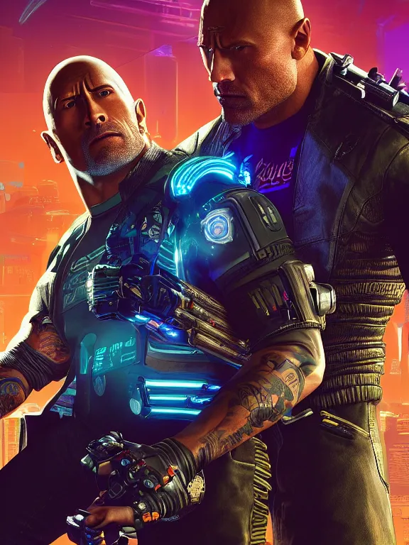 Image similar to a cyberpunk 2077 portrait of Dwayne Johnson holding a female android,love moive pose,complex mess of cables and wires behind them connected to giant computer,film lighting,by laurie greasley,Lawrence Alma-Tadema,William Morris,Dan Mumford, trending on atrstation,full of color,face enhance,sharp focus, highly detailed,8K, octane,golden ratio,cinematic lighting