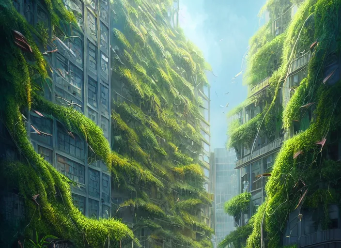 Image similar to overgrown foliage overtaking tall buildings, underwater environment, storefronts, sand, scenery, professional, award - winning, trending on artstation, hyper detailed, realistic, beautiful, emotional, shiny, golden, picture
