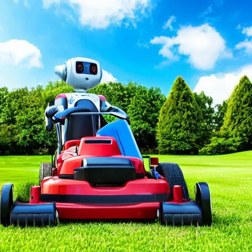 Image similar to Robot mowing the lawn on a bright sunny day, sky is blue with clouds