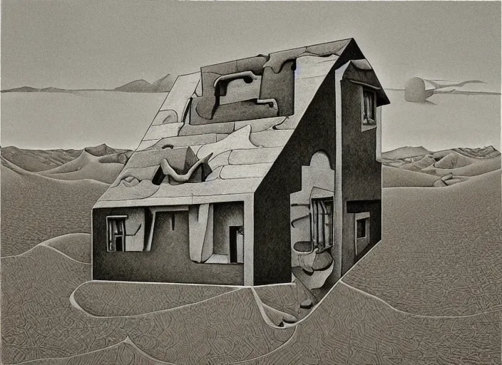 Prompt: a house in a desert landscape, painting by mc escher, very detailed, illusion, surreal!!!, trending on artstation, beautiful art