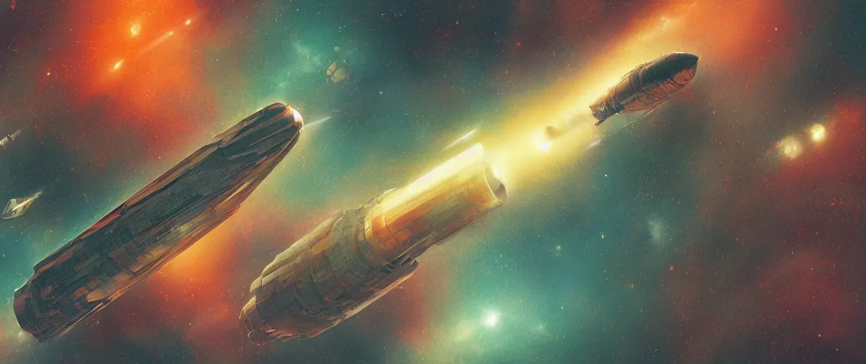 Image similar to illustration, a single small spaceship, deep space exploration, alone, the expanse tv series, industrial design, colorful hull, cinematic lighting, 4k, greebles, widescreen, wide angle, sharp and blocky shapes, hubble photography, the final frontier, beksinski, neon lights