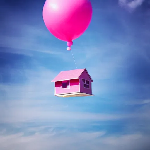 Image similar to dream a 5 0 mm lens photograph of a cute pink floating modern house, floating in the air between clouds, inspired by the movie up, held up from above by heart ballons. mist, playful composition canon, nikon, award winning, photo of the year