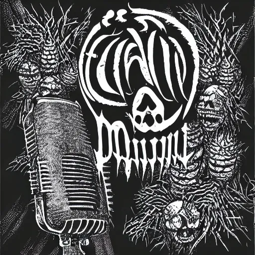 Image similar to dark death metal themed vector illustration for a record label, trees. forest, spikes, skull, microphone, skull, award winning, grunge, iconic, golden ratio