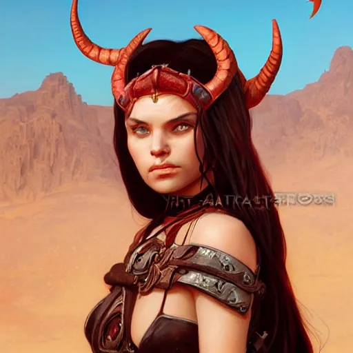 Image similar to portrait of a female berber tiefling with red skin, devil horns and black hair in a ponytail wearing a steel chestplate in a desert, fantasy, highly detailed, digital painting, artstation, concept art, character art, art by artgerm and greg rutkowski and alphonse mucha