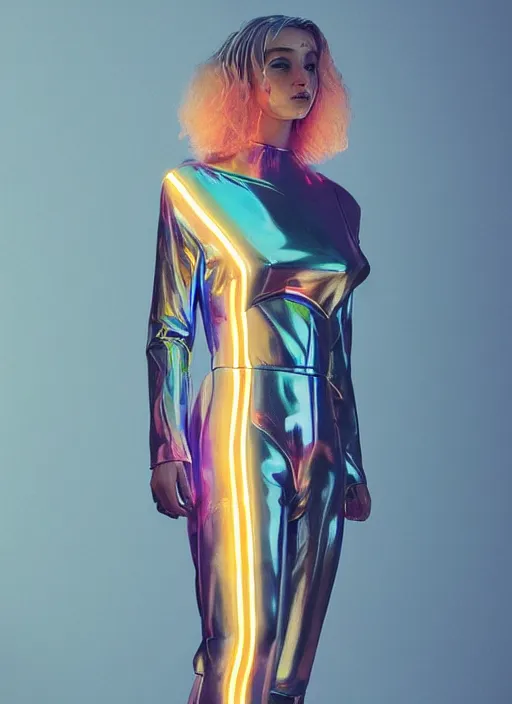 Prompt: vertical photo of polish female in chromatic futuristic space suit, blonde, curly hair, symmetrical beautiful face, cyberpunk, native costume, standing in the primitive tent, prismatic neon, fashion editorial photography, hyperrealistic, from vogue magazine, reflections, refraction, gold, teal, orange