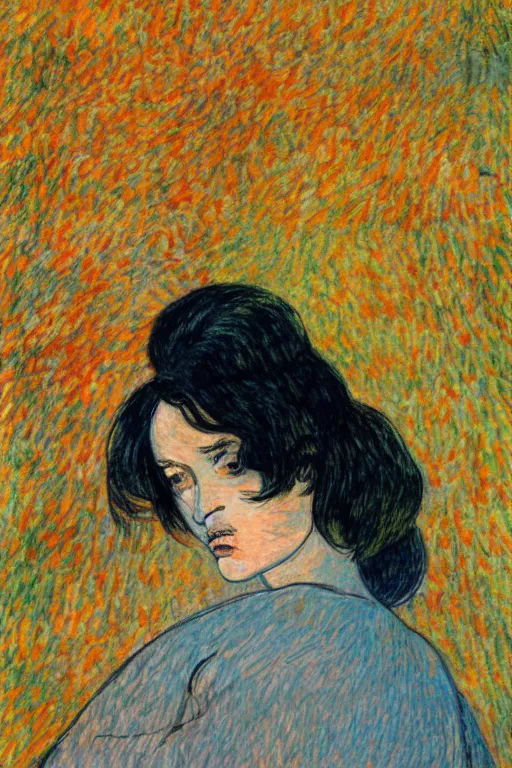 Prompt: young woman's face surrounded by Autumn leaves, long black hair, pale skin, symmetrical face, photorealism, 4k, dramatic lightning, by Toulouse-Lautrec,